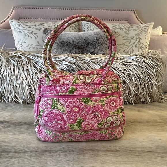 Vintage VERA BRADLEY Pink Petals 2006 Bowler Bag Handles Zipper Green Floral Y2K - Picture 7 of 16